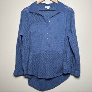 Sundance Women Top‎ Large Blue Eyelet Popover Henley Long Sleeve Cottagecore